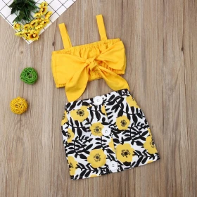 طقم تنورة مع شباح أصفر نص بطن