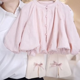 طقم بنطلون رسمي فيونكة تحت مع قميص زهري كم