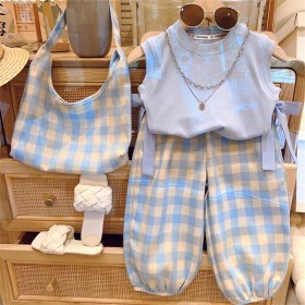 طقم بنطلون وشنتة كاروهات ازرق