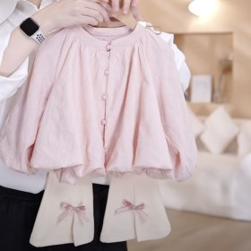 طقم بنطلون رسمي فيونكة تحت مع قميص زهري كم