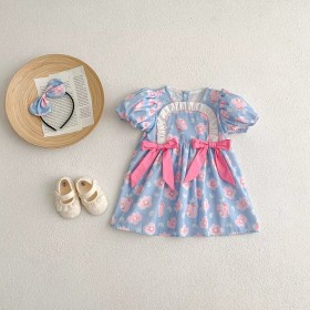 فستان مورد أزرق فيونكة زهري