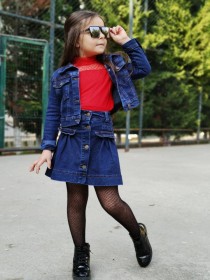 طقم تنورة جينز بلوزة حمرا