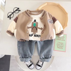 طقم ولادي 3 قطع كم مخطط عريض