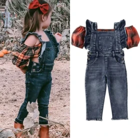 افرهول جينز بنطلون مع بلوزة كاروهات نص بطن